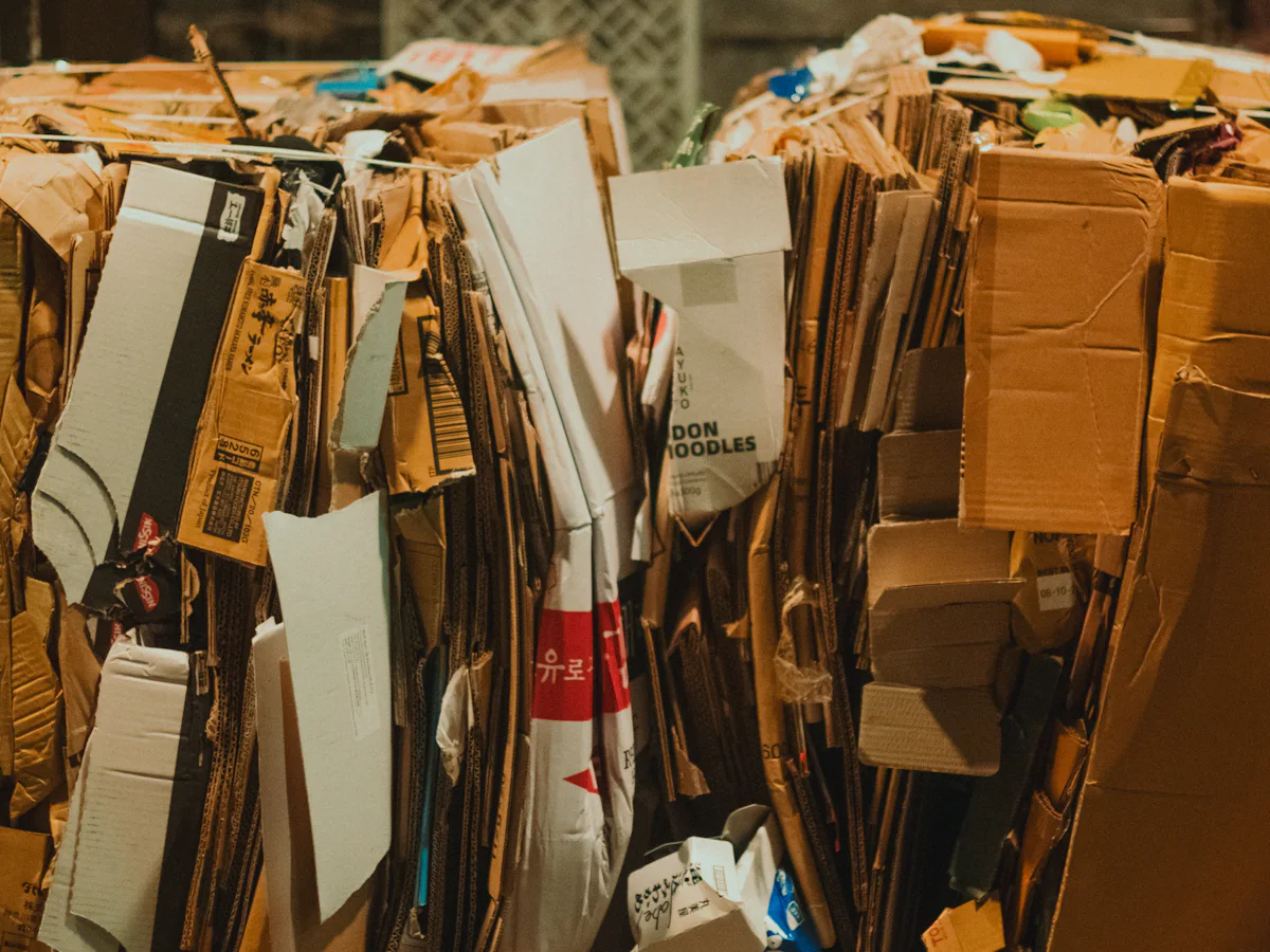 Close-up of wire-tied bales of corrugated cardboard