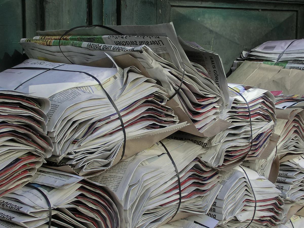 Bundles of old newspapers tied with wire